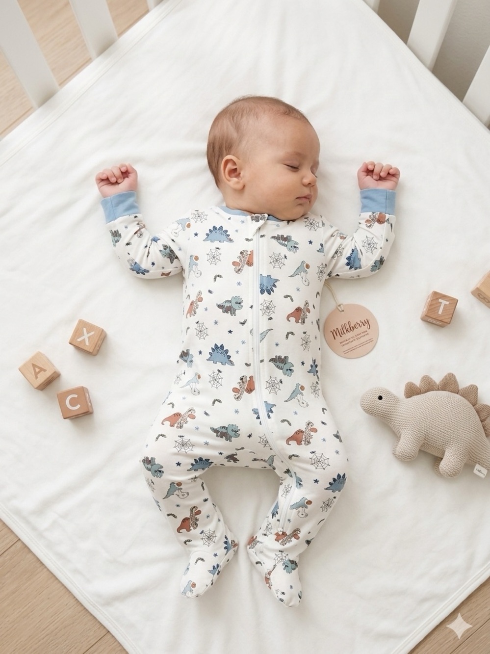 Milkberry NWT Dinosaur Halloween Bamboo Footed Sleeper in Cream with Blue Trim